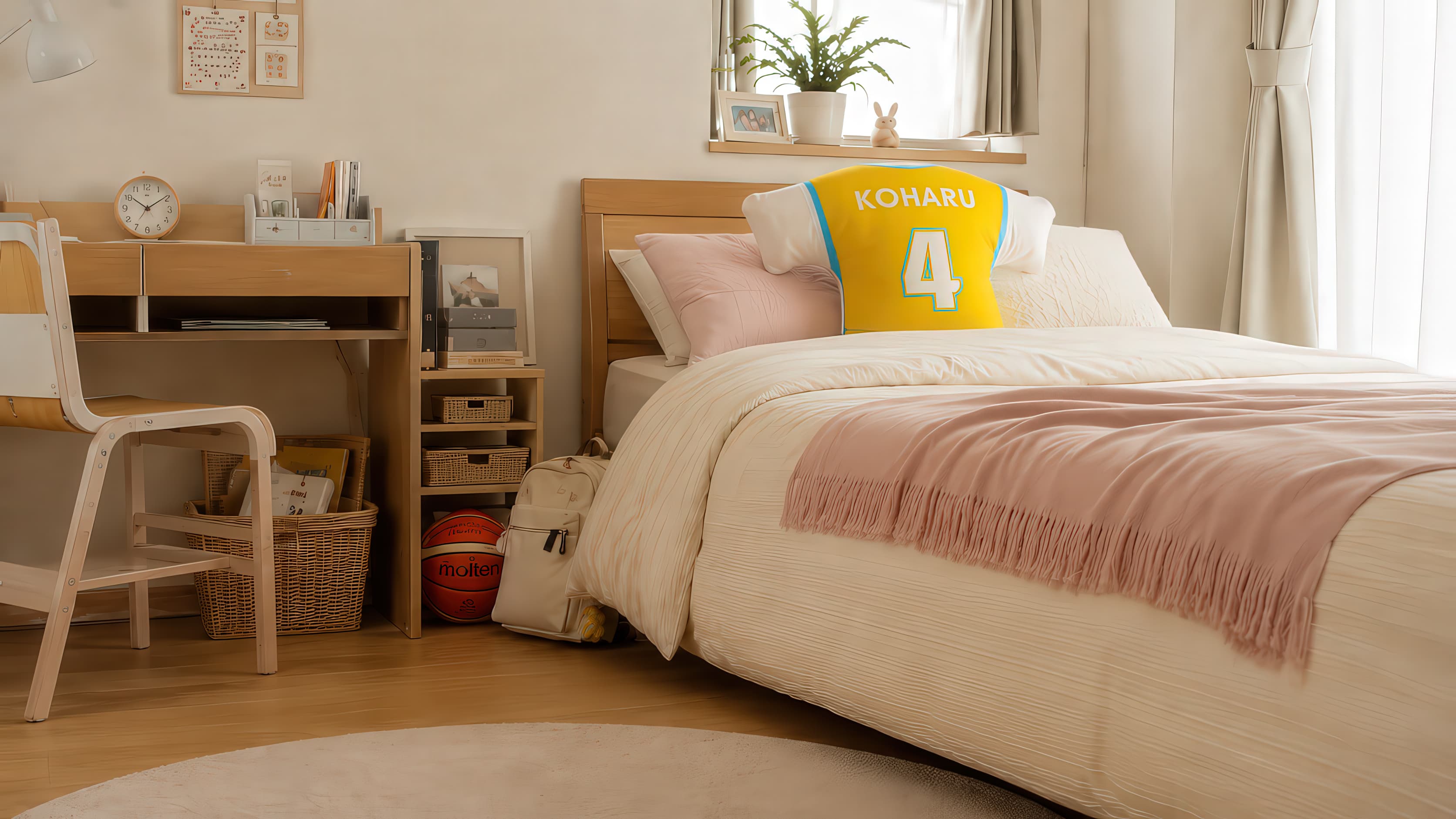 ベッドサイドに置かれたユニフォーム型ジャンボクッション